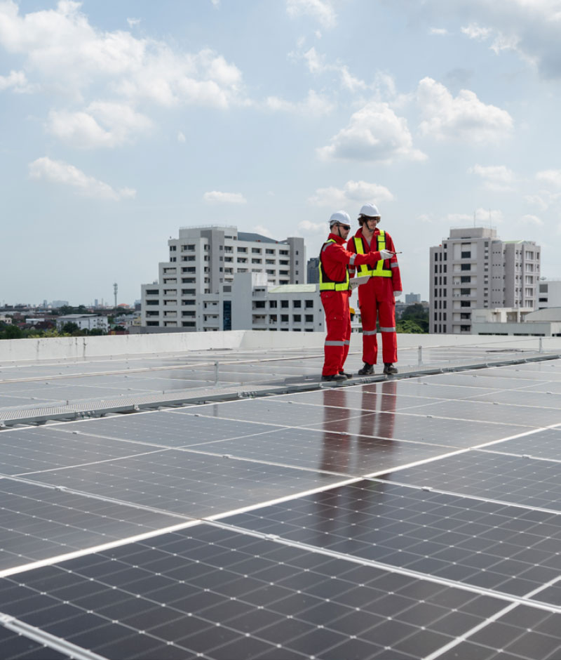 two professional energy workers looking at solar panels
