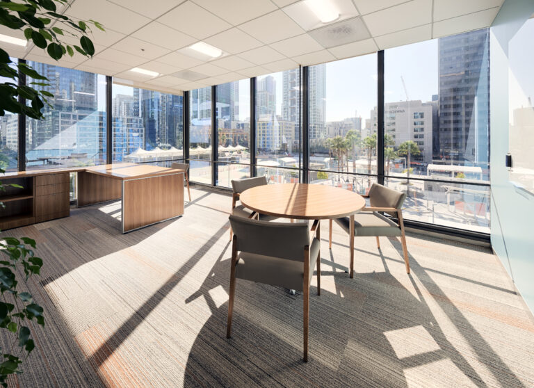 Modern office with city view.