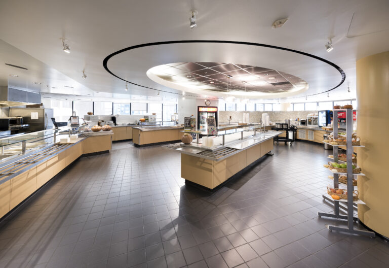Modern cafeteria with open layout.