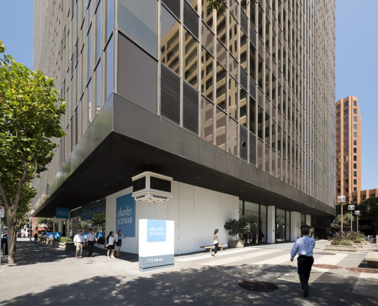 Modern office building with pedestrians