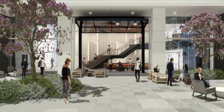 Modern outdoor space with people mingling.