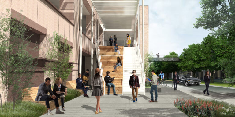 People socializing near modern architecture.