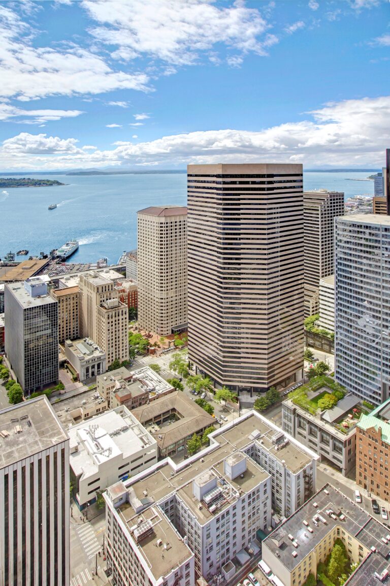 City skyline with waterfront view