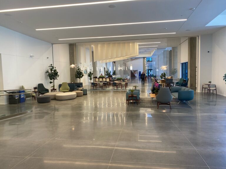 Modern lobby with seating and plants