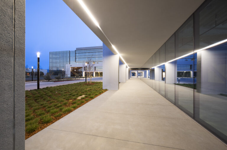 Modern building with sleek walkway.