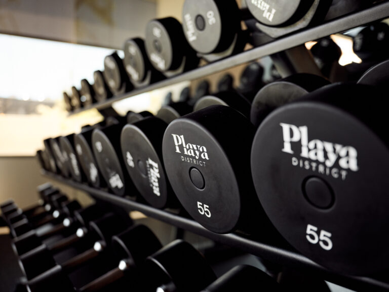 dumbell weights on shelves in a gym