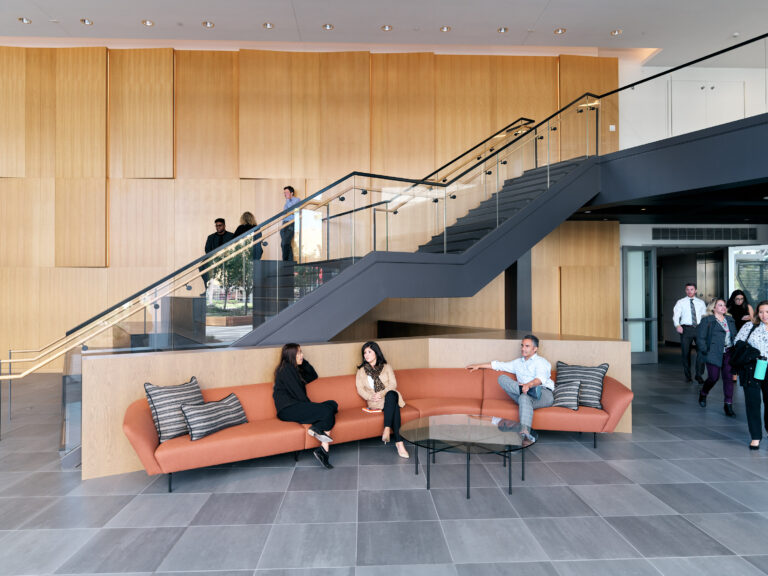Modern lobby with stylish seating area.