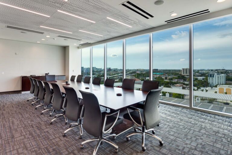 Modern conference room with city view