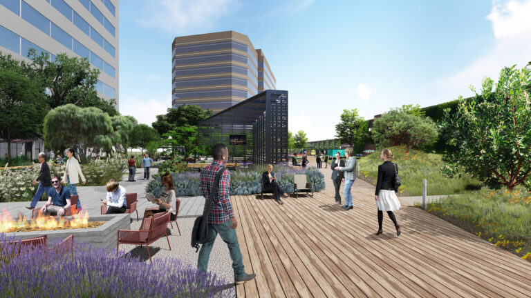 Modern urban park with people enjoying