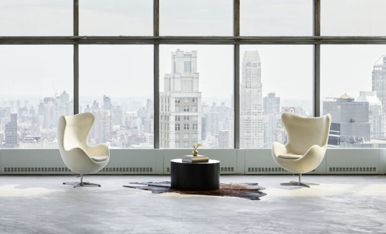 Modern chairs with city skyline view